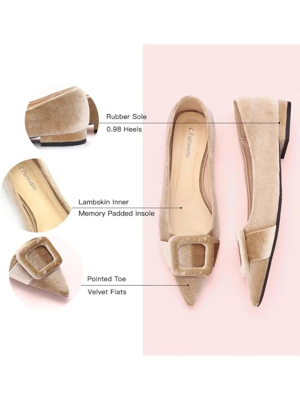 Women's Velvet Camel Pointed Toe Square Buckle Flats Slip-On Comfortable Shoes